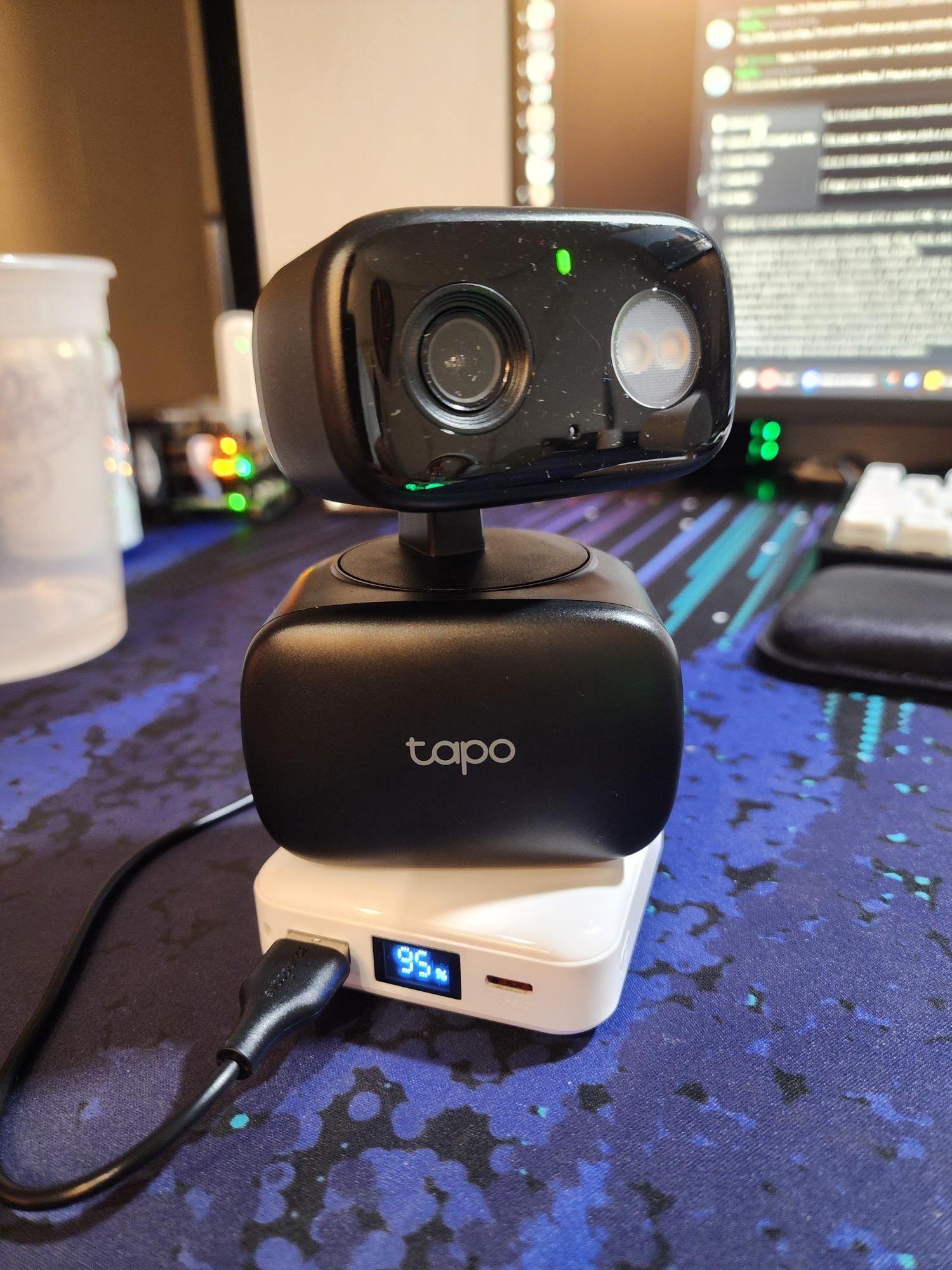 A pan-tilt security camera running on battery power
