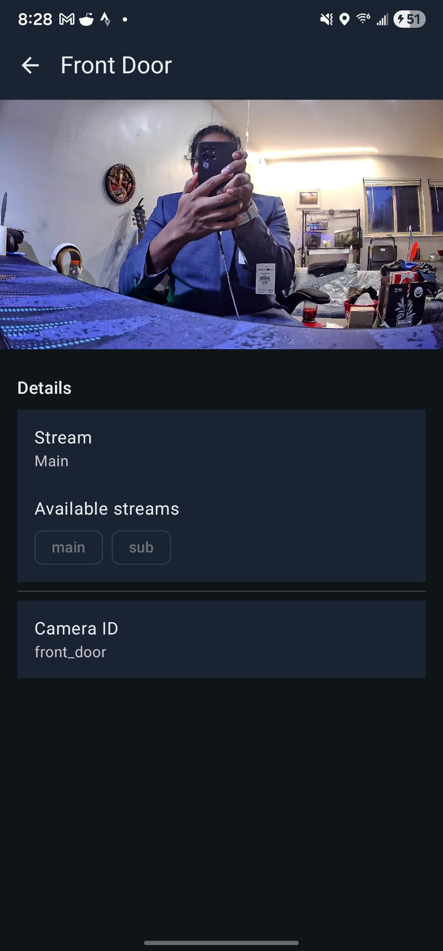 Full-screen live view of the front door camera