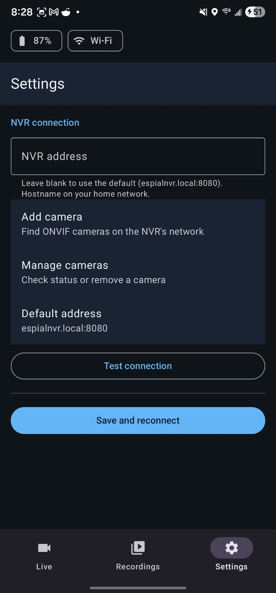 EspialNVR app settings showing the local NVR connection