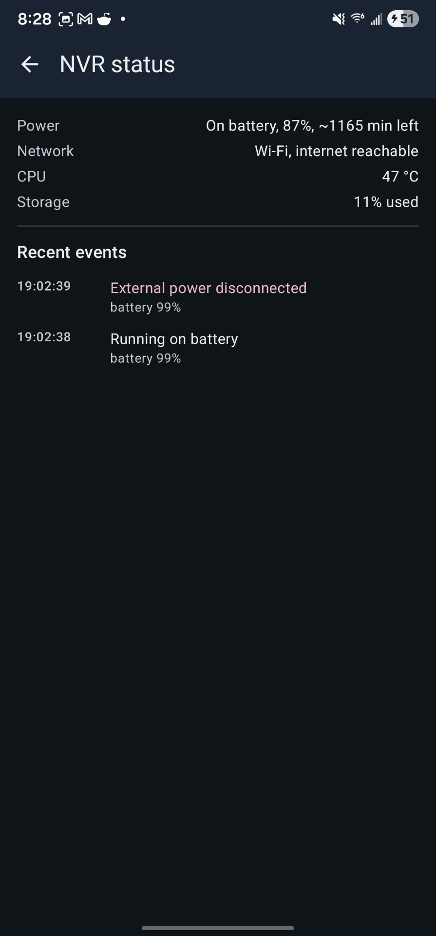 EspialNVR app showing battery, network, CPU and storage health