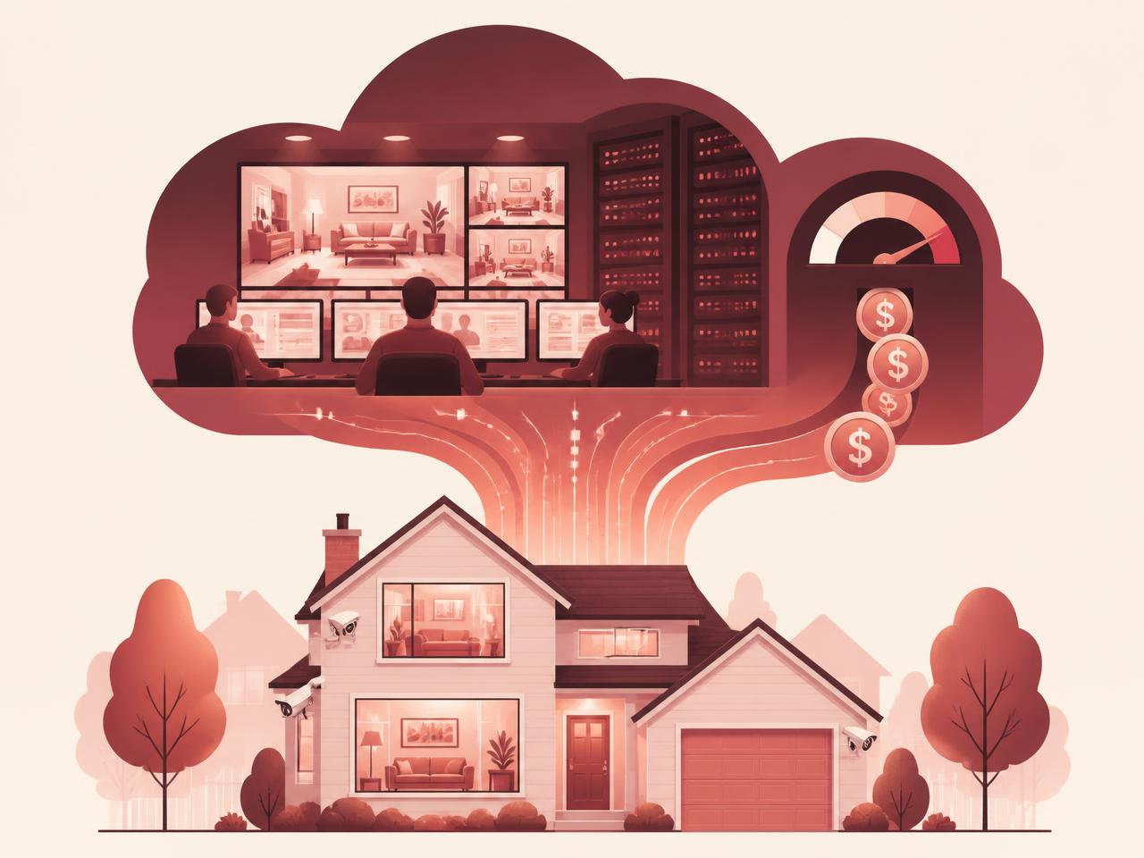 Illustration of a family's home cameras streaming their private video into a corporate cloud with server racks, watching analysts, and a subscription meter